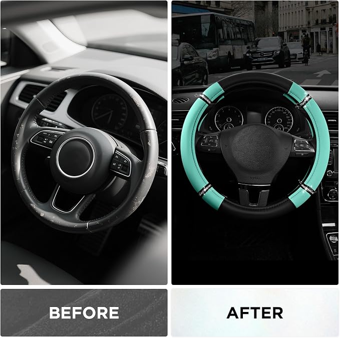 Road Comfort Leather Steering Wheel Cover – Premium Anti-Slip Car Steering Wheel Grip Cover – Universal Fit for 14.5”–15” Cars, Trucks & SUVs - Mint