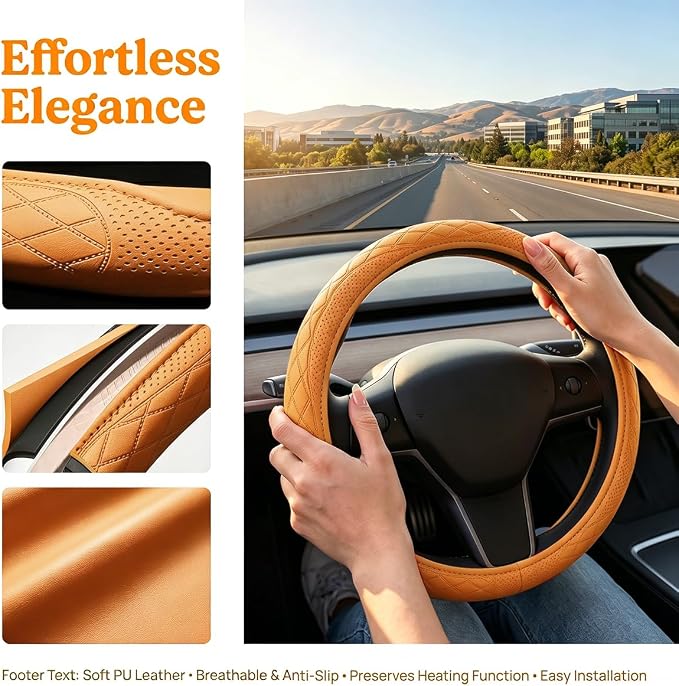 Zpana Car Steering Wheel Cover, 14.5-15" Breathable Soft Leather Vehicle Steering Wheel Protector with Anti-Slip Lining, Comfortable Auto Interior Decoration Accessories, Universal Fit (Orange)