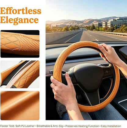 Zpana Car Steering Wheel Cover, 14.5-15" Breathable Soft Leather Vehicle Steering Wheel Protector with Anti-Slip Lining, Comfortable Auto Interior Decoration Accessories, Universal Fit (Orange)