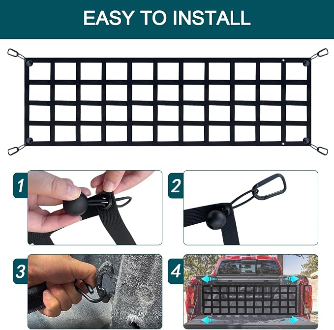 Tailgate Net for Pickup Truck Bed - Cargo Trucks Bed Netting for Full Size Truck 60'' x 18'' (Black) - Mesh Tail gate Competible with Chevy, Ford, Tacoma, Toyota, Ram