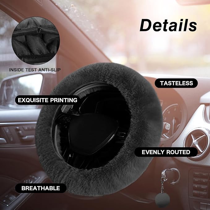 7PCS Set car Interior Aesthetic Accessories, Fluffy 15 inch Steering Wheel Cover, armrest pad, seat Belt Cover,Gear Shift Cover, Fit Girly car Accessories for Women.