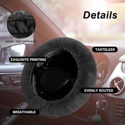 7PCS Set car Interior Aesthetic Accessories, Fluffy 15 inch Steering Wheel Cover, armrest pad, seat Belt Cover,Gear Shift Cover, Fit Girly car Accessories for Women.