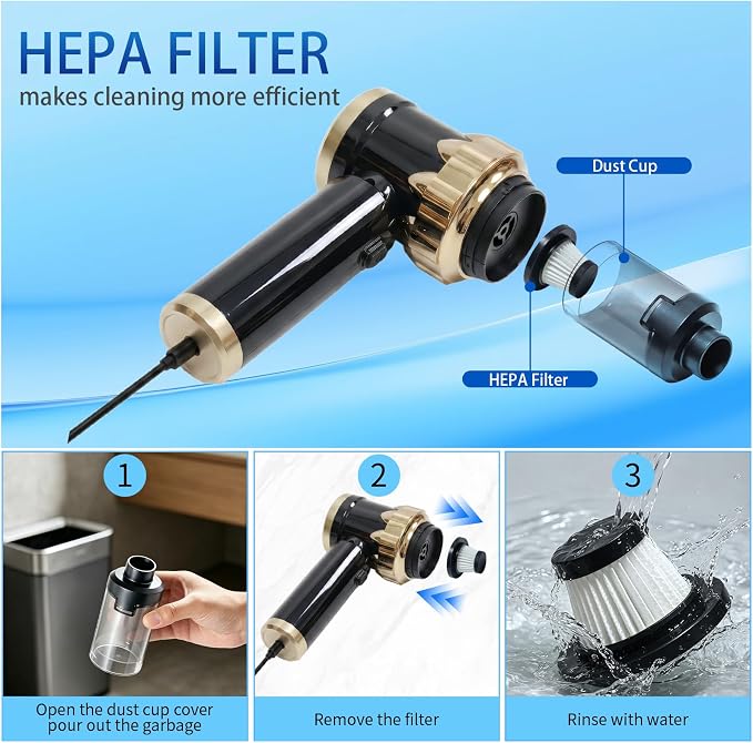 Cordless Handheld Vacuum Cleaner, Rechargeable Portable Car Vacuum with LED Light, 2 HEPA Filters & Multi-Nozzles, High Power Wet/Dry Vacuum for Car, Home, Pet Hair