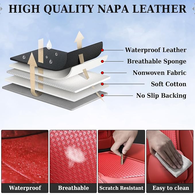 Coverado Seat Covers, Car Seat Covers Front Seats, Waterproof Nappa Leather Auto Seat Cover with Lumbar Head Pillow, Red Seat Covers Carseat Cover Universal Fit for Most Cars