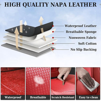 Coverado Seat Covers, Car Seat Covers Front Seats, Waterproof Nappa Leather Auto Seat Cover with Lumbar Head Pillow, Red Seat Covers Carseat Cover Universal Fit for Most Cars