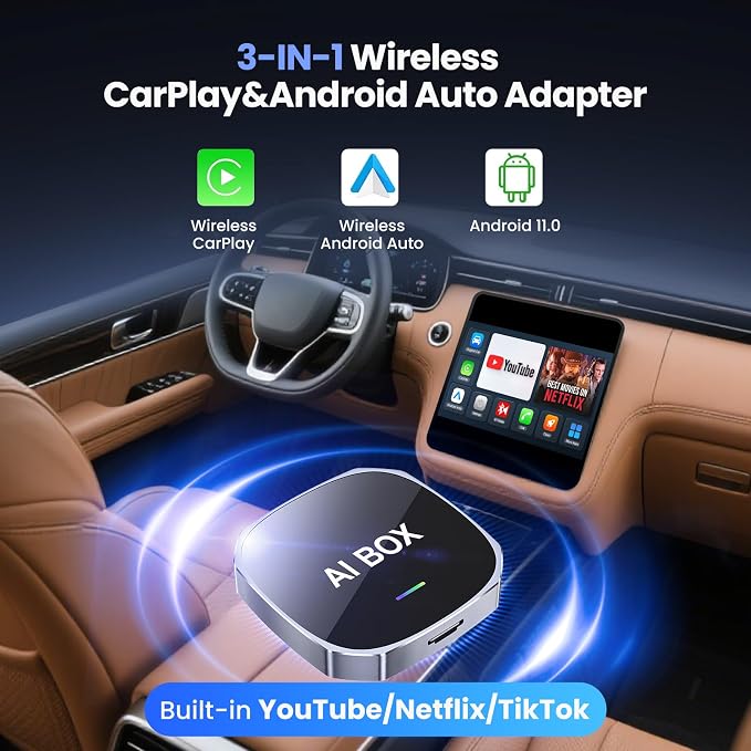 2-in-1 Wireless Apple CarPlay&Android Auto Adapter 2026, Magic AI Box Streaming Dongle Support Netflix/YouTube, Plug&Play, Car Play Wireless Adapter, Only Fit for Cars with Wired CarPlay/Android Auto