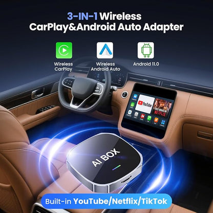 2-in-1 Wireless Apple CarPlay&Android Auto Adapter 2026, Magic AI Box Streaming Dongle Support Netflix/YouTube, Plug&Play, Car Play Wireless Adapter, Only Fit for Cars with Wired CarPlay/Android Auto