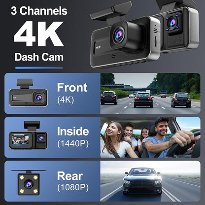 3 Channel 4K Dash Cam with 5GHz WiFi & APP Control, 4K+1080P+1440P Dash Cam Front and Rear Inside with 64GB Card, Dash Camera for Cars with Night Vision, Loop Recording, 24H Parking Mode, G-Sensor