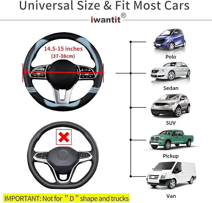 Iwantit® Cute Steering Wheel Cover for Women, Carbon Fiber&Breathable Pu Leather with Anti-Slip Rubber Ring, Steering Wheel Protector for Men, Universal Fit 14.5-15 inches for Cars,SUV (Cool Blue)