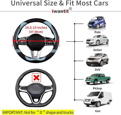 Iwantit® Cute Steering Wheel Cover for Women, Carbon Fiber&Breathable Pu Leather with Anti-Slip Rubber Ring, Steering Wheel Protector for Men, Universal Fit 14.5-15 inches for Cars,SUV (Cool Blue)