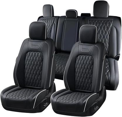 Coverado Premium Leather Full Set Seat Covers Waterproof Heavy-Duty Protectors Custom Fit for Ford F150 (2015-2026) F250/F350/F450 (2017-2026)-Black w/White Stitching, Wear-Resistant