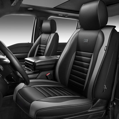 CAR PASS Nappa Leather Car Seat Covers Full Set, Luxury Seat Protector for Cars, Waterproof Anti-Slip Seat Cushion Armrest Compatible Airbag Universal for Sedan SUV Pick-up Truck Auto, Black Gray
