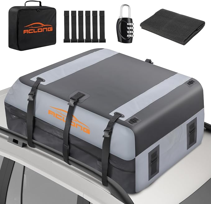 21 Cubic Feet Rooftop Cargo Carrier Bag, 840D Waterproof Car Roof Bag for Cars with/Without Racks, Heavy Duty Roof Top Cargo Bag with Anti-Slip Mat, 6 Door Hooks, Storage Bag & Lock