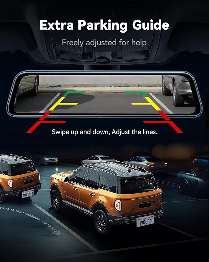 WOLFBOX G840S 12" 4K Mirror Dash Cam Backup Camera, 5.8GHz WiFi Smart Rearview Mirror for Cars & Trucks, Front and Rear View Dual Cameras, Night Vision, Parking Assistance, Included 32GB Card & GPS