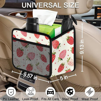 Car Backseat Organizer, PU Leather Back of Seat Cars Hanging Organizer with Pockets Leakproof Car Garbage Bag Hanging Cars Seat Storage Box Travel Accessories Foldable (White Strawberries)