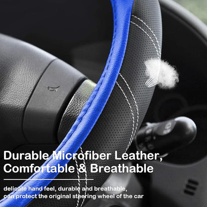 Black and Blue Line Punching Car Steering Wheel Cover, Microfiber Leather Sports, 14.5-15 in Universal Leather Wheel Covers, Breathable Fashion Anti-Slip, Steering Wheels Accessories for Men Women