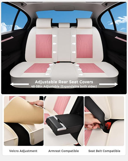 Huidasource Car Seat Covers Full Set, Universal Fit for Most Cars SUV Trucks, Full Coverage Nappa Leather Seat Cover, Airbag, Cupholder Compatible, Seat Function Retain, White&Pink