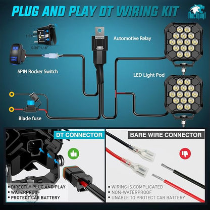 Nilight LED Pod Light 2 PCS 4.4 Inch 70 W 14 LED Square Hyper Spot Beam Offroad Driving Lights w/14 AWG Rocker Switch Wiring Harness Kit for Truck Motorbike Boat ATV UTV