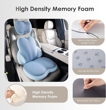 FLORICH 3 PCS Seat Cushion for Carseat Lumbar Support Pillow Car Neck Headrest Pillows Ultrathick Memory Foam Seat Pads Pressure Relief Back Cushion for Office Chair(Dark Blue)