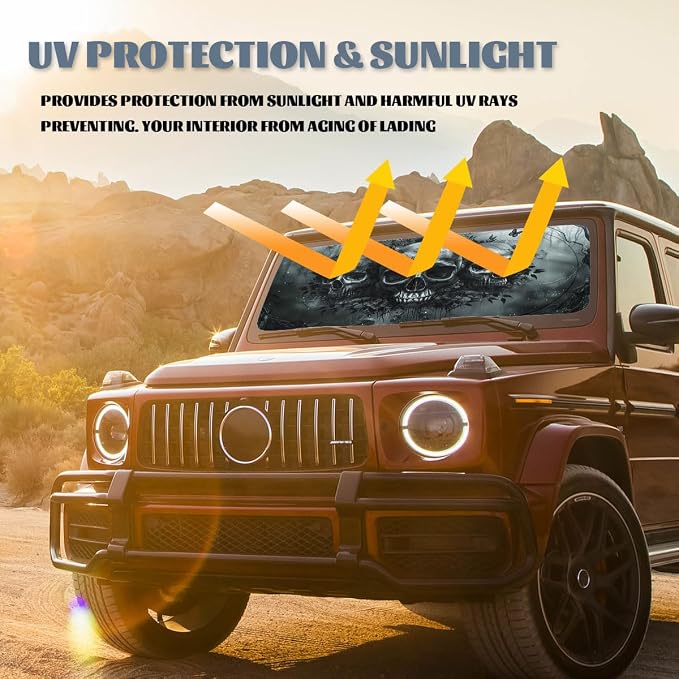 Skull Car Windshield Sun Shade Skeleton Black Forest Art Heatshield Front Window Car Sun Shade Windshield Blocks UV Rays Sun Visor Protector for Car Sedan Truck SUV Accessories 59x31.5 Inch