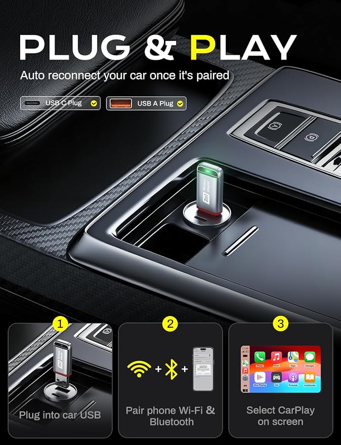 2-in-1 Wireless CarPlay Adapter 2026 Support Apple CarPlay & Android Auto, Fast Auto-Connect, No Latency, Mini Bluetooth Dongle Convert Wired to Wireless Compatible with iPhone & Android Silver U3