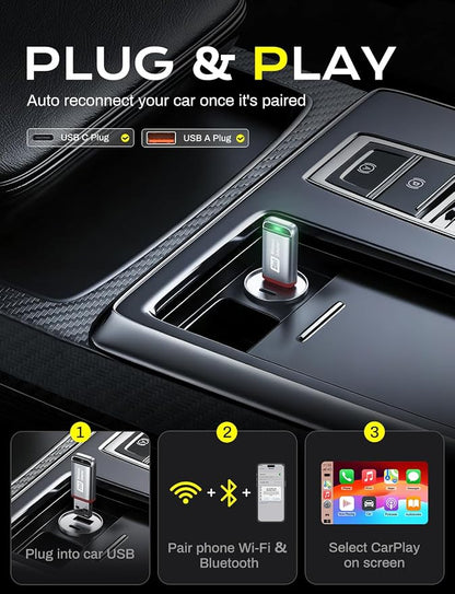 2-in-1 Wireless CarPlay Adapter 2026 Support Apple CarPlay & Android Auto, Fast Auto-Connect, No Latency, Mini Bluetooth Dongle Convert Wired to Wireless Compatible with iPhone & Android Silver U3