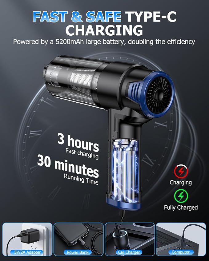 AHNR Handheld Car Vacuum Cleaner Cordless with 16000PA Powerful Suction, 4-in-1 Portable Mini Vacuum Cleaner & Air Duster with Multi-Accessories, Hand Held Vacuum Cordless Rechargeable for Car Home