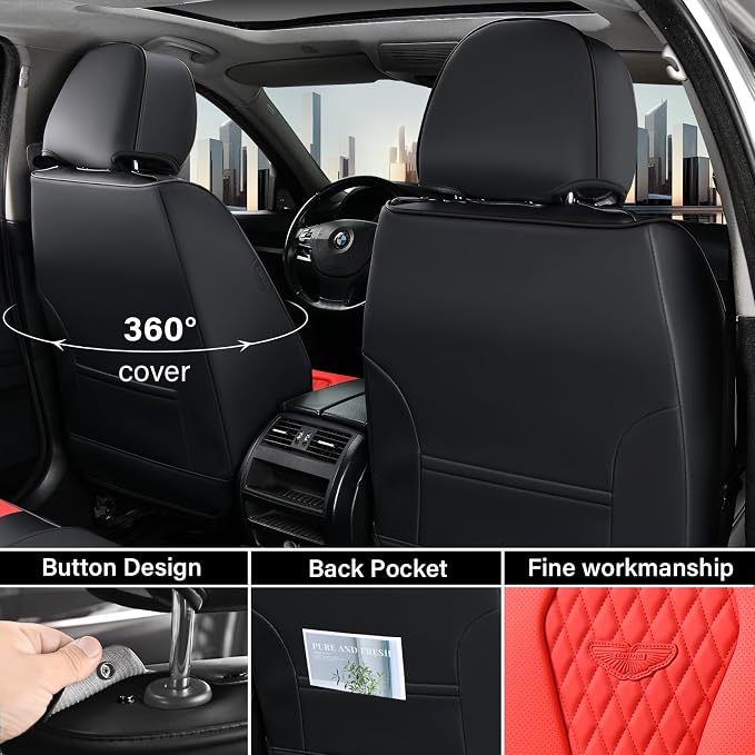 Coverado Car Seat Covers, Seat Covers Full Set, Red Car Seat Cover, Auto Seat Covers Front Seats Rear Seat Cover, Luxury Car Seat Cushion,Leather Seat Cover Seat Protector Universal Fit Most Cars