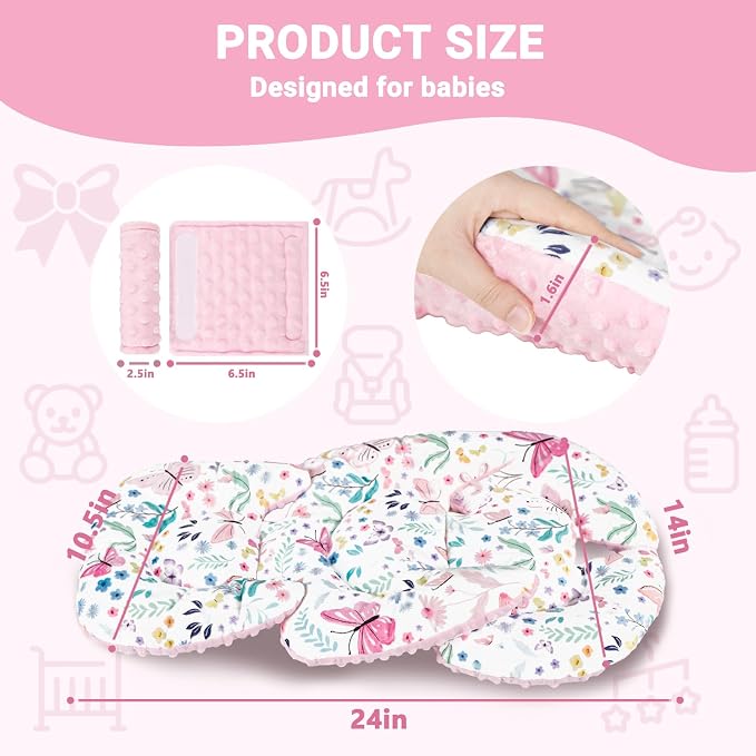 Infant Car Seat Insert Girls, Soft Car Seat Head Support Baby & 2 Strap Pads, Preemie Newborn Carseat Insert Reversible Fits for Stroller, Baby Swing, Rocker, Bassinets, Bouncer, Butterfly