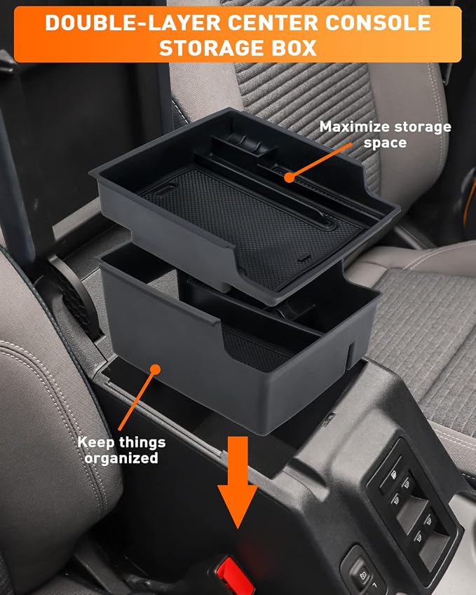 Savadicar Center Console Organizer – 2PCS Armrest Storage Tray for 2021 2022 2023 2024 Ford Bronco (Not for 2025 Version and Sport models), ABS Three-Tier Divider Insert, Black Interior Accessory