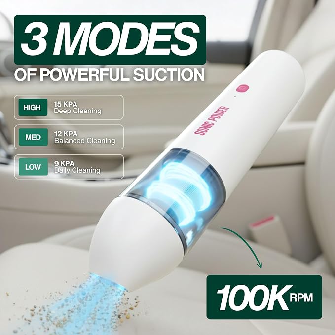 SonicPower Portable Cordless Car Vacuum, 15000Pa High Suction Handheld Vacuum Cleaner, 2-in-1 Vacuum & Blower, with 4 Attachments & Portable Storage Bag for Car, Home, Pet & Office (White & Pink)