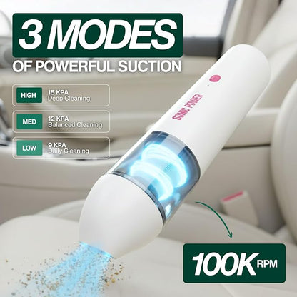 SonicPower Portable Cordless Car Vacuum, 15000Pa High Suction Handheld Vacuum Cleaner, 2-in-1 Vacuum & Blower, with 4 Attachments & Portable Storage Bag for Car, Home, Pet & Office (White & Pink)