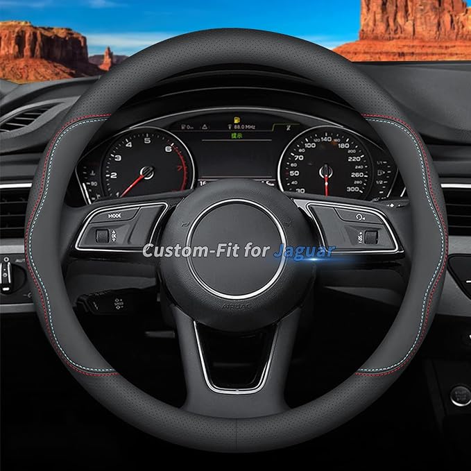 Deer Route Custom-Fit for Jaguar Steering Wheel Cover, Premium Leather Car Steering Wheel Cover with Logo, Non-Slip, Breathable, for Jaguar Accessories (A-Style,for Jaguar)