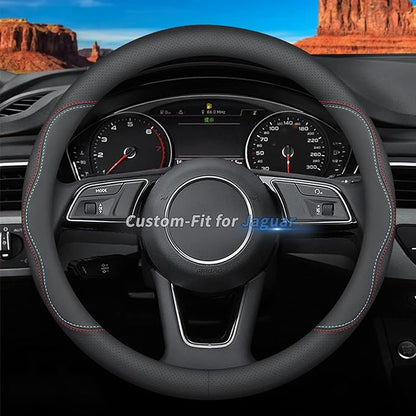 Deer Route Custom-Fit for Jaguar Steering Wheel Cover, Premium Leather Car Steering Wheel Cover with Logo, Non-Slip, Breathable, for Jaguar Accessories (A-Style,for Jaguar)