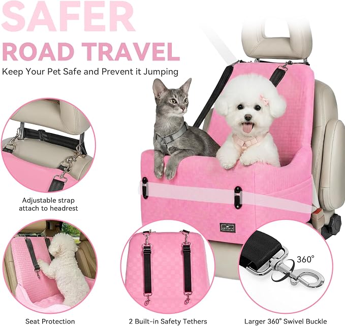 PETSFIT Dog Car Seat for Small/Medium Dogs Up to 35 lbs – Patented Safety System, 5" Memory Foam Pet Booster Car Seat, Fully Detachable and Washable Dog Carseat with 2 Storage Pockets (Pink)
