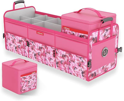 LIBZAKI Car Trunk Organizer,3 Compartments Big Trunk Storage, Large Capacity, Foldable, 95L Heavy Duty Storage Box for Car, SUV, Truck,Includes 26L Cooler Bag -Rose Red Camouflage