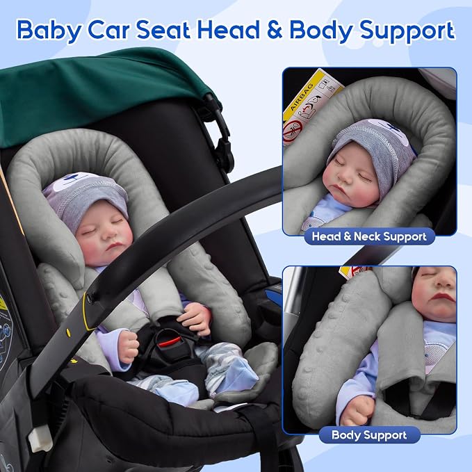 Baby Car Seat Head Support for Doona Stroller, Thickened Infant Carseat Head Support with 3 Strap Covers, Reversible Car Seat Insert for Newborn, Baby Car Seat Cushion with Filled Natural Cotton