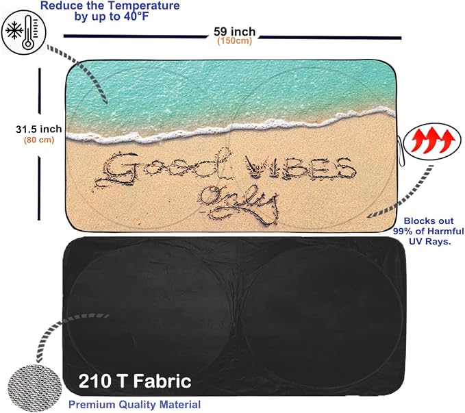 Gven Windshield Sun Shade for Car Front Window Cover Sunshades Visor Automotive Sun Shield for Compact Sedan, SUV, Midsize Sedan, Small Pickup Blocks UV Rays Keep Your Vehicle Cool (Good Vibes, S)