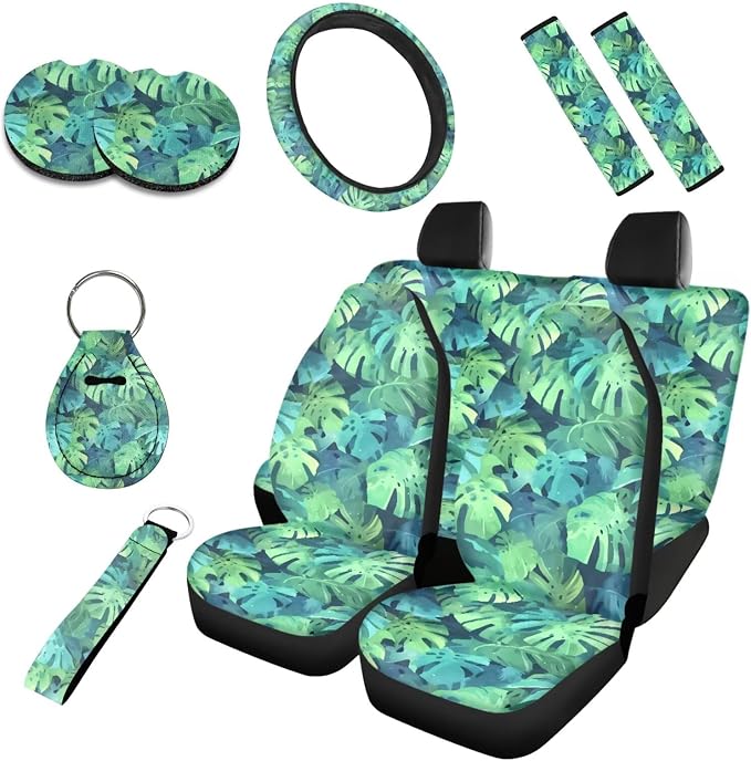 Hawaiian Monstera Full Set 10 Pcs Car Seat Covers, Tropical Monstera Automotive Rear Front Seat Protector, Island Style Steering Wheel Cover Universal Fit for Car SUV