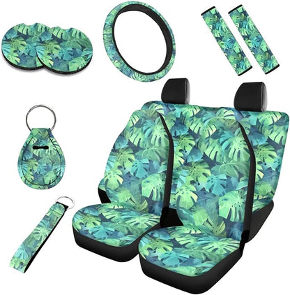 Hawaiian Monstera Full Set 10 Pcs Car Seat Covers, Tropical Monstera Automotive Rear Front Seat Protector, Island Style Steering Wheel Cover Universal Fit for Car SUV