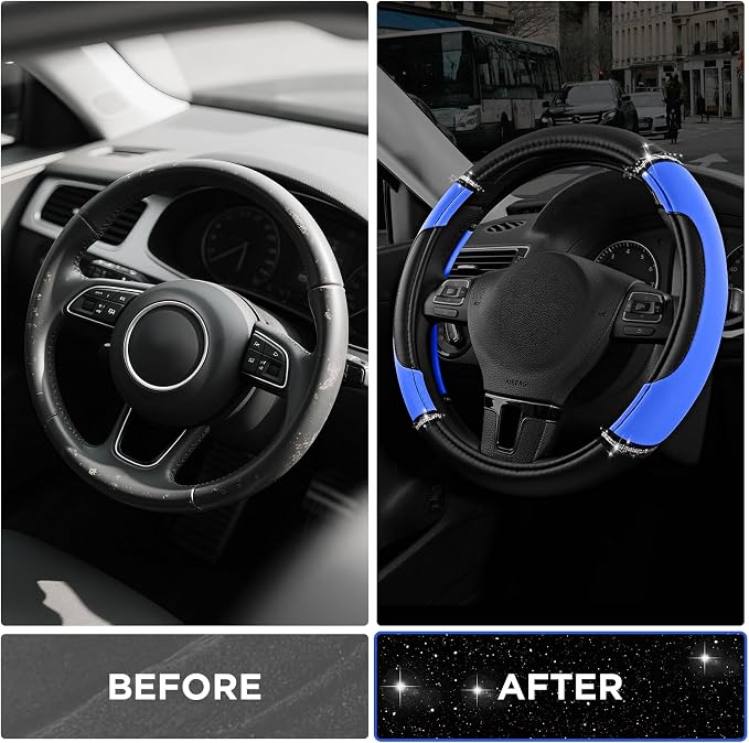 Road Comforts Leather Steering Wheel Cover - Made with PVC Leather - Anti-Slip, Universal Fit 14 1/2 inches to 15 inches - Blue