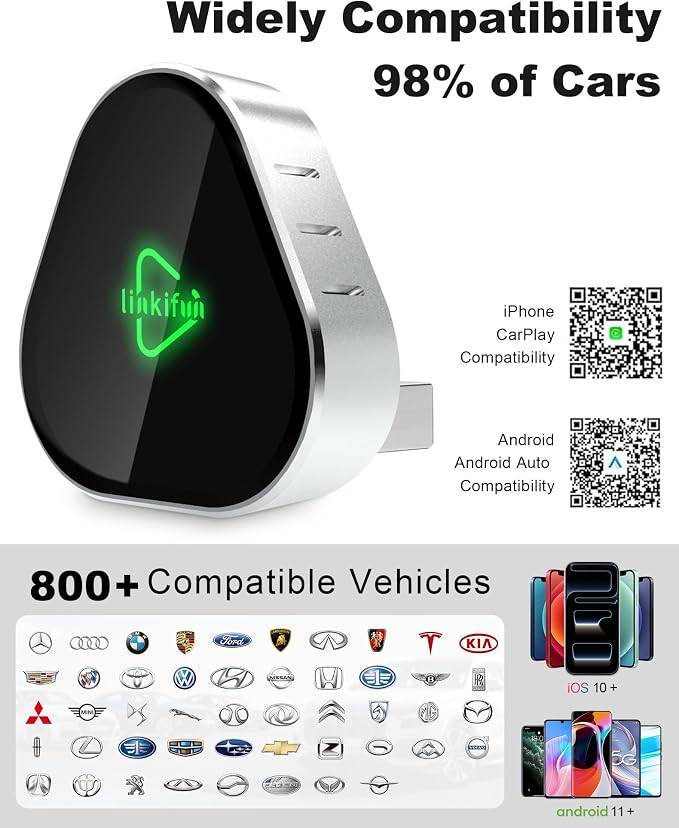 Wireless Carplay Adapter, Compatible with Apple iPhone iOS 10+ Android 11+, Plug & Play, Compact Design for iPhone & Android with USB-A/Type-C Port