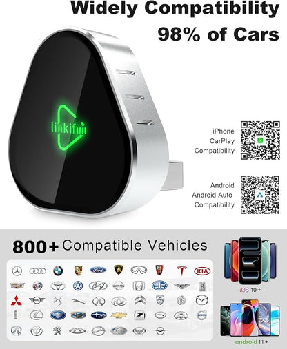 Wireless Carplay Adapter, Compatible with Apple iPhone iOS 10+ Android 11+, Plug & Play, Compact Design for iPhone & Android with USB-A/Type-C Port