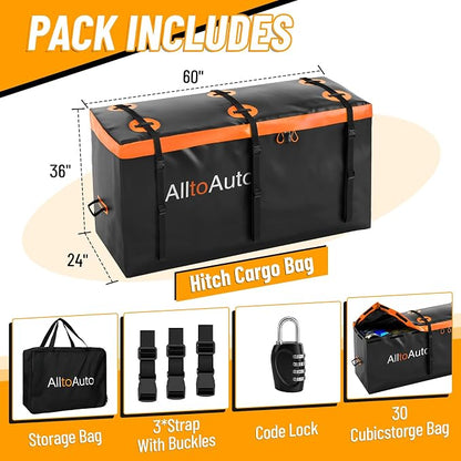 30 CuFt Waterproof Cargo Bag for Hitch Carrier | 60"x24"x36" Trailer Hitch Cargo Carrier | Weatherproof Truck Bed Storage with Straps, Lock & Carry Case | PVC Vehicle Soft-Shell Carriers