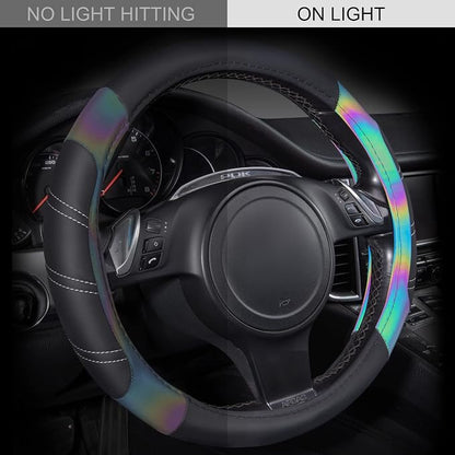 CAR PASS Line Rider Microfiber Leather Sporty 14.5-15 inch Steering Wheel Cover Universal Fits for 95% Truck,SUV,Cars, Anti-Slip Safety Comfortable Design (Black Reflective)