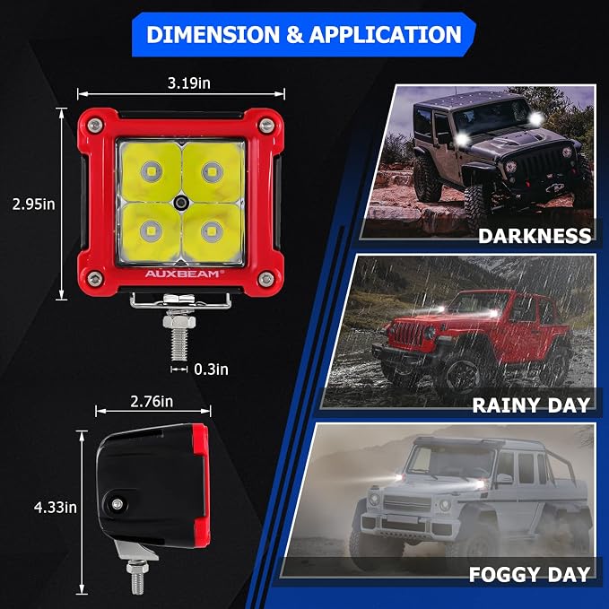Auxbeam FA Series Red Housing LED Pods, 3-Inch 40W Spot Beam Aux Light Bar, Off-Road Spotlight Hood Hinge Lights, A-Pillar Ditch Lights Driving Offroad Lighting, 2-Pack