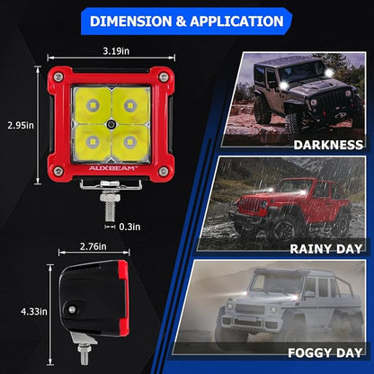 Auxbeam FA Series Red Housing LED Pods, 3-Inch 40W Spot Beam Aux Light Bar, Off-Road Spotlight Hood Hinge Lights, A-Pillar Ditch Lights Driving Offroad Lighting, 2-Pack