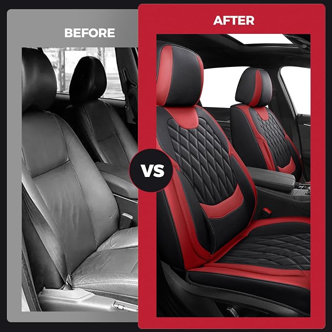 FREESOO Front Seat Covers for Cars - Ultra Breathable Waterproof Faux Leather Car Seat Cover Protectors with Lumbar Support, Universal Fit for Most 5 Seats Vehicles Sedans Hatchbacks Pickup, Black Red