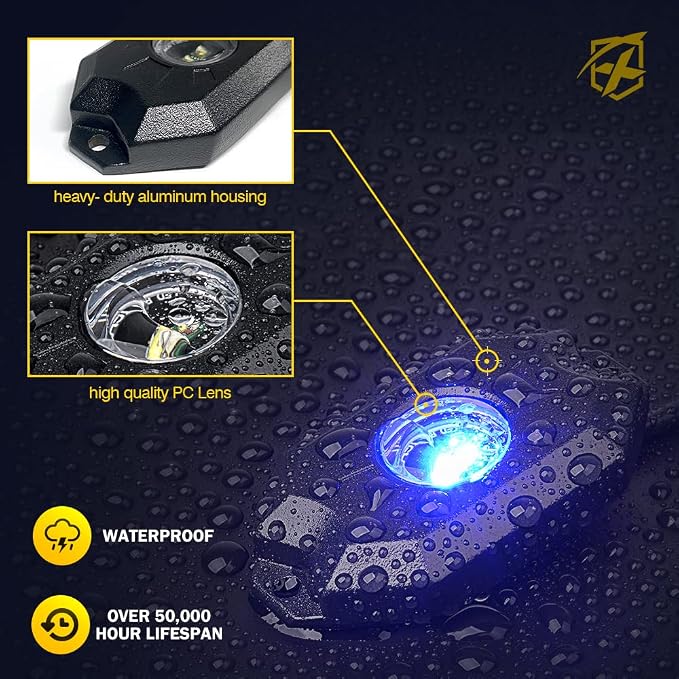 Xprite RGBW LED Rock Lights Kit with Bluetooth & Wireless Remote Controller, Multicolor Cars Underglow, Wheel, Footwell Neon Light Kits, for Off-Road UTV ATV Trucks SUV Motorcycle Boats - 6 Pods