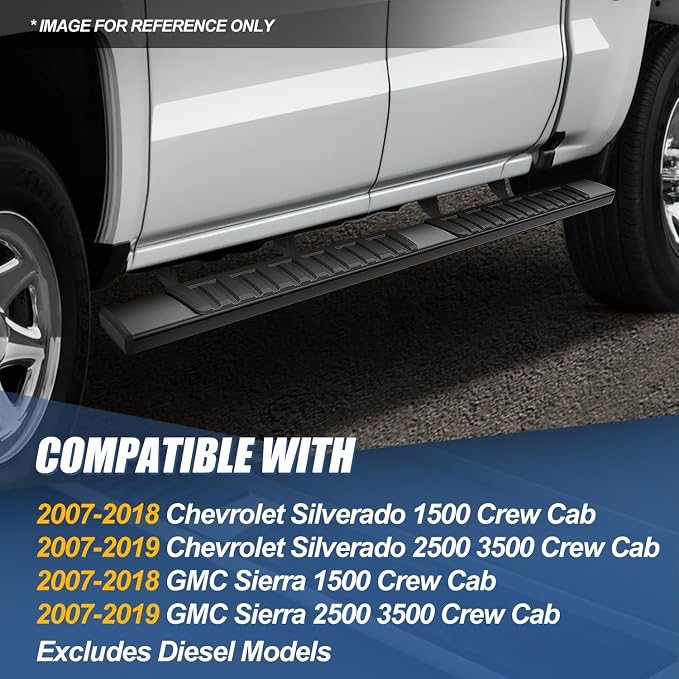 Auto Dynasty 6" Running Boards for Truck 2007-2019 Chevy Silverado GMC Sierra 1500 2500 3500 Crew Cab (Exclude Diesel), Aluminum Side Step Nerf Rail Bars, Black Powdercoated Bar